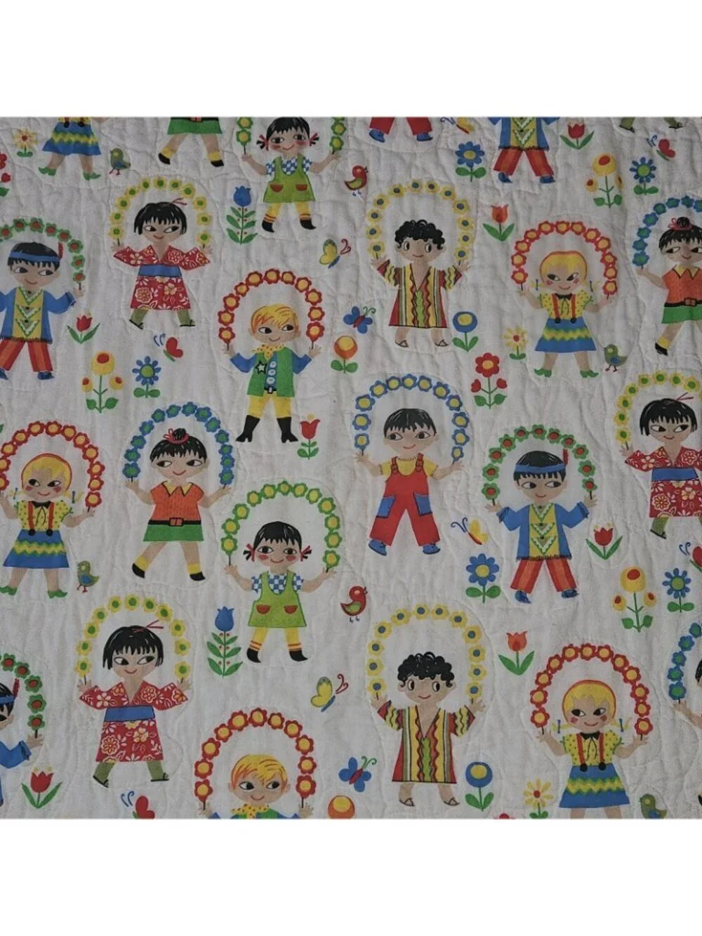 VTG Quilted Blanket 40x47 International Children Handmade ? FLAWS SPOTS AS IS
